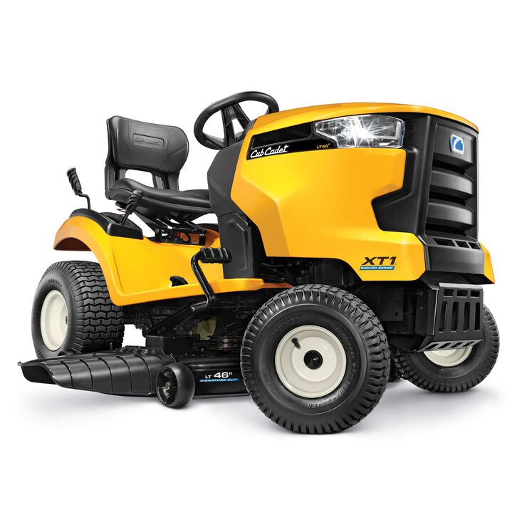 The prior-year Cub Cadet XT1 LT46 rendering shows a 46-inch deck; it is not a photograph of an individual used mower.