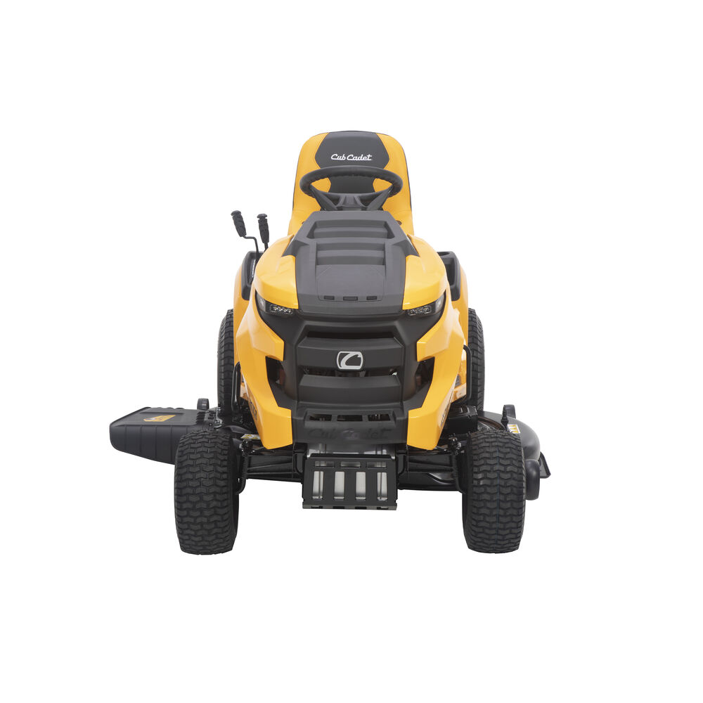 Front view of the yellow Cub Cadet XT1 LT46 lawn tractor with a 46-inch deck, manufacturer product-page rendering.