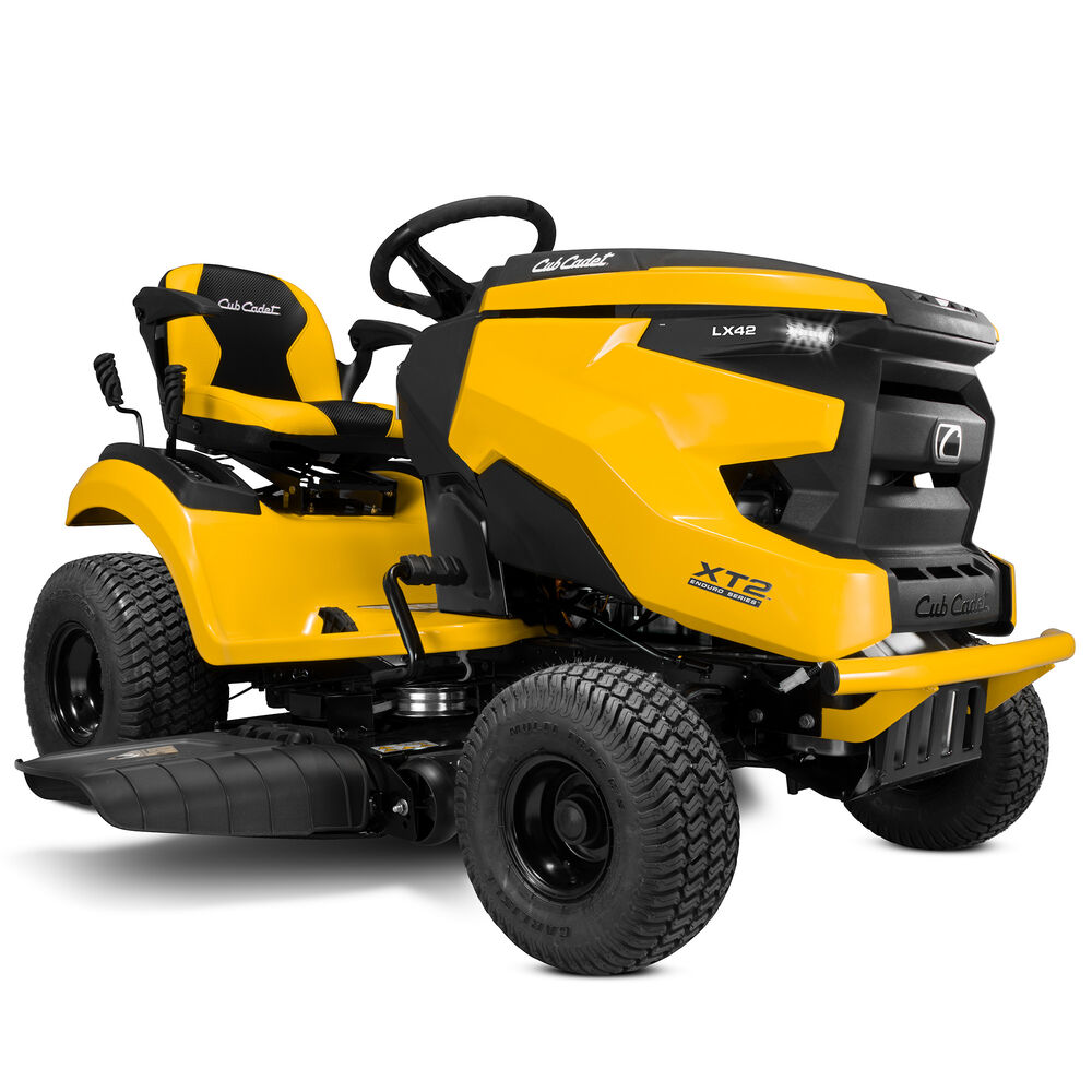 Yellow Cub Cadet XT2 LX42 lawn tractor, three-quarter front product-page rendering; LX42 model badge and deck are visible.