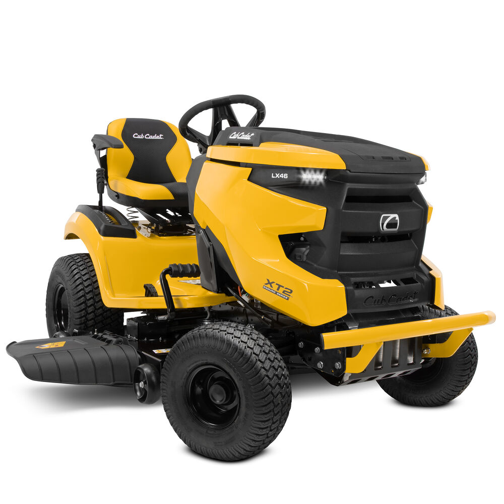 Yellow Cub Cadet XT2 LX46 lawn tractor, three-quarter front product-page rendering; LX46 model badge and deck are visible.