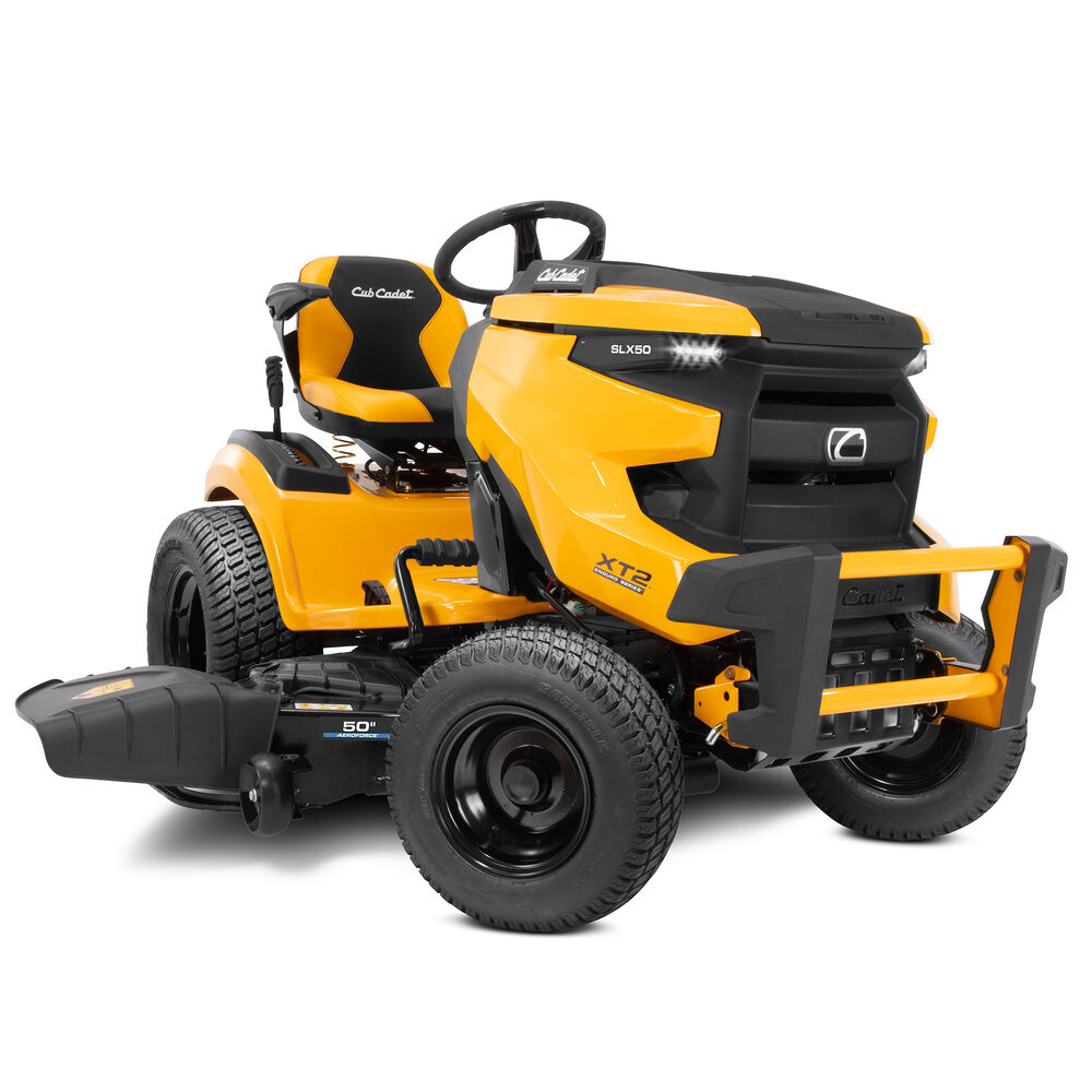 Yellow Cub Cadet XT2 SLX50 lawn tractor with three-blade deck and front brush guard, manufacturer product-page rendering.