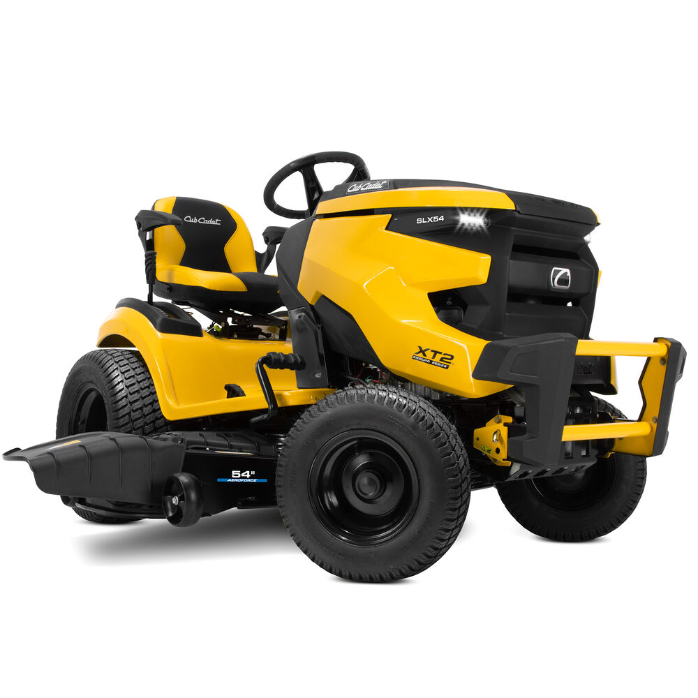 Yellow Cub Cadet XT2 SLX54 lawn tractor with 54-inch three-blade deck and front brush guard, manufacturer product-page rendering.