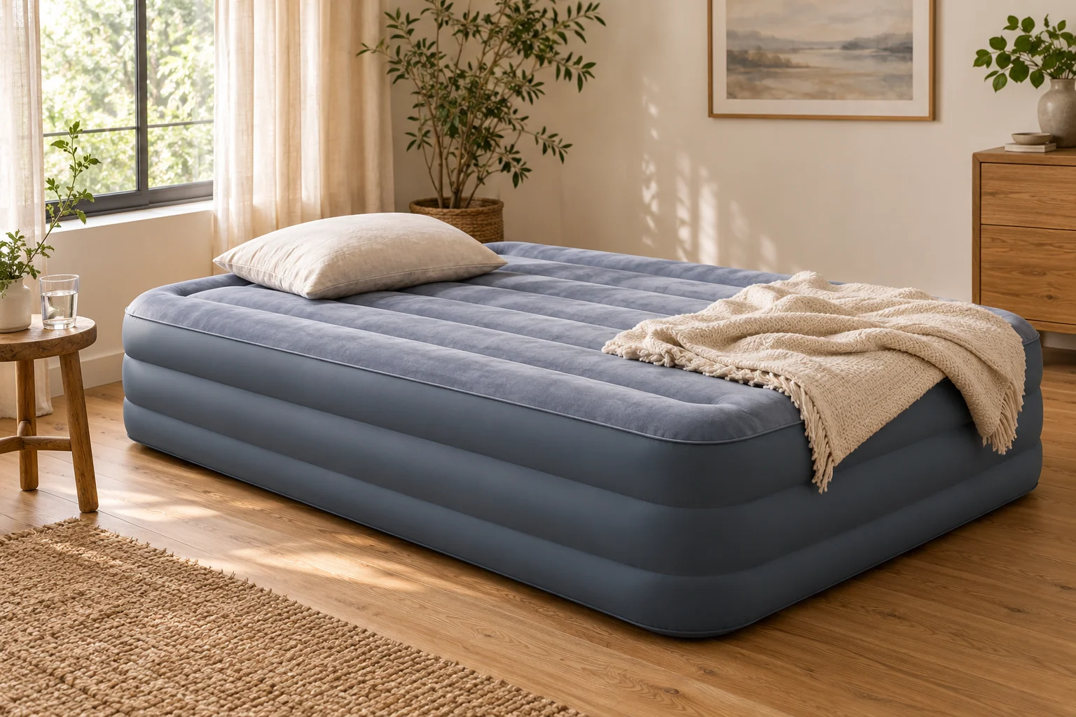 A raised air mattress with a light blanket in a welcoming guest room — AI-created category illustration