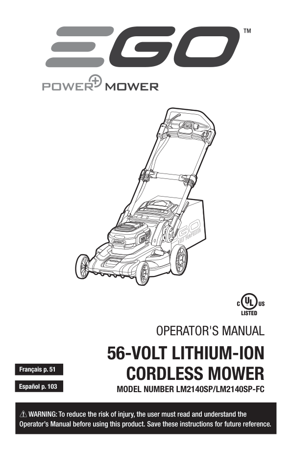 EGO LM2140SP/LM2140SP-FC 21-inch self-propelled mower line illustration from the exact-model manufacturer manual; not a photo or package contents.