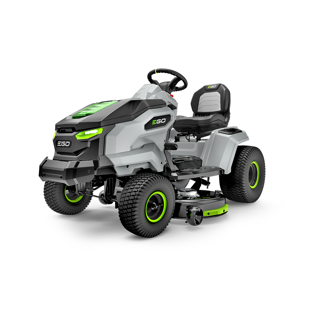 EGO TR4204 42-inch T6 battery lawn tractor manufacturer render, showing conventional steering-wheel control; not proof of accessories or package contents.
