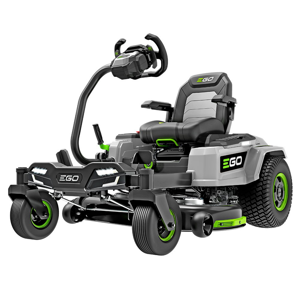 EGO ZT4205S 42-inch e-STEER zero-turn rider shown in EGO's manufacturer rendering; pictured mower body is not evidence of included batteries or charger.