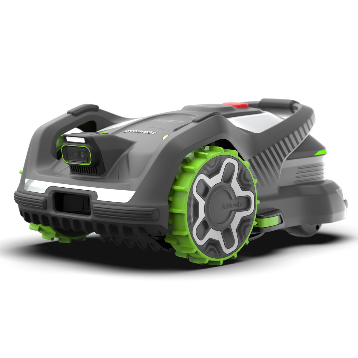 Greenworks AiMowbot C40 robotic mower body, exact U.S. SKU RMC04VR00; manufacturer rendering, not test photography. Dock and reference antenna are not shown.