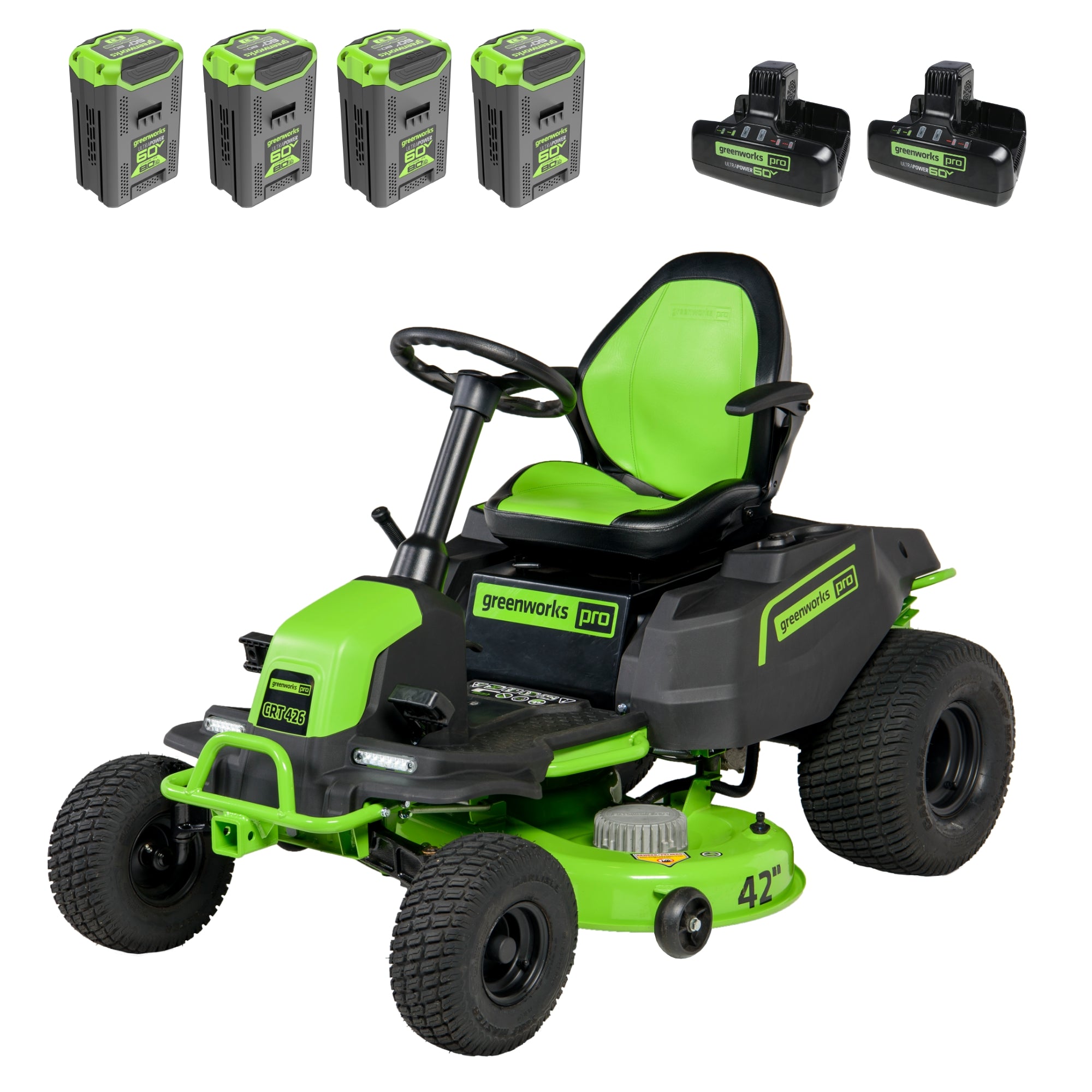 Greenworks CRT4262 7420602 package promotional render showing a conventional 42-inch CrossoverT steering-wheel riding mower and exact listed kit components.