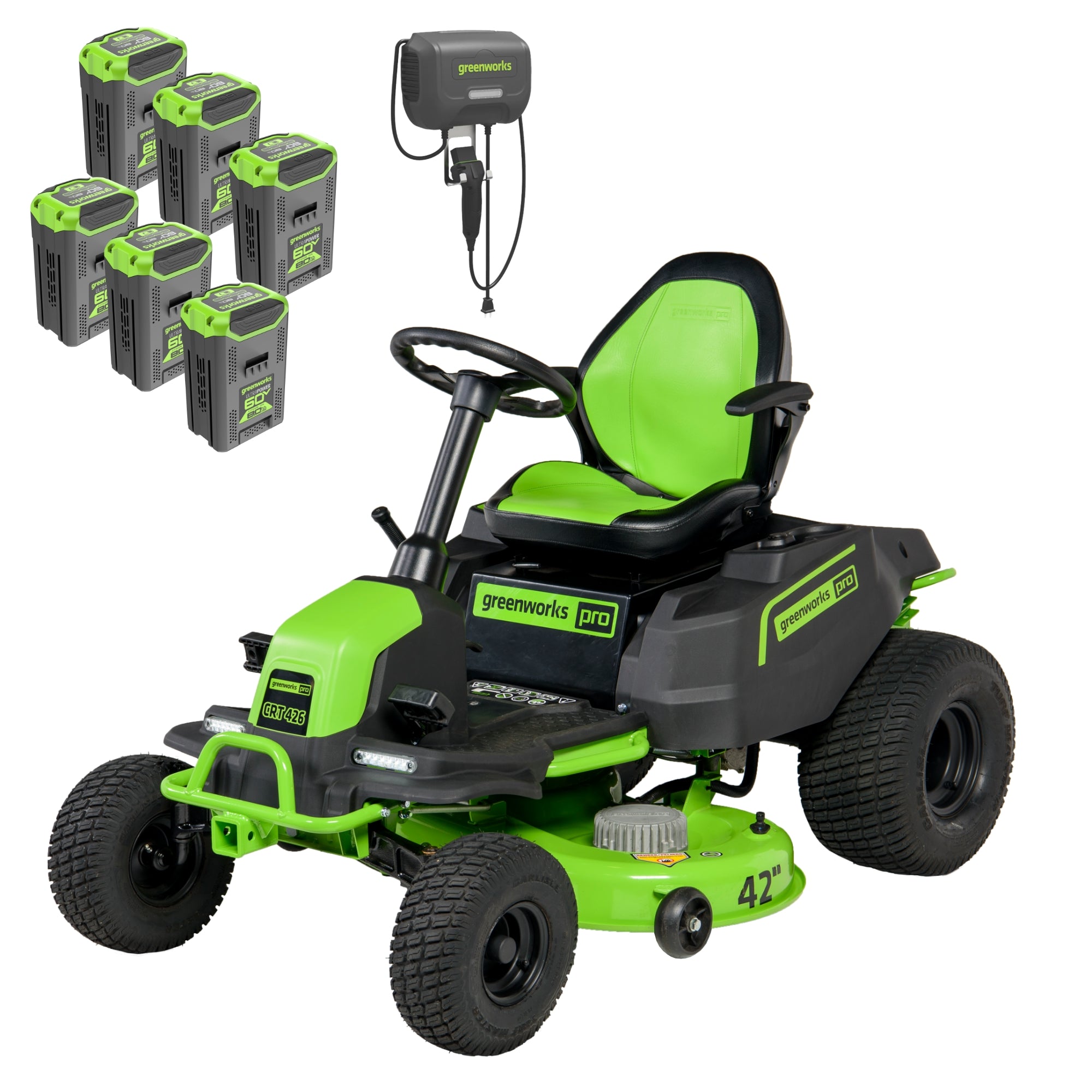 Greenworks CRT4262 7422402 package promotional render showing a conventional 42-inch CrossoverT steering-wheel riding mower and exact listed kit components.