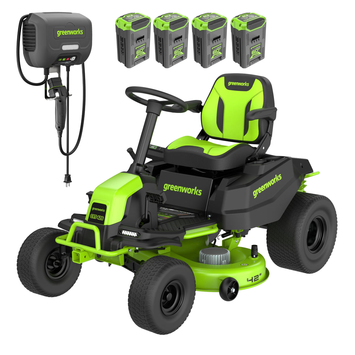 Greenworks CRT4262 7432002 package promotional render showing a conventional 42-inch CrossoverT steering-wheel riding mower and exact listed kit components.