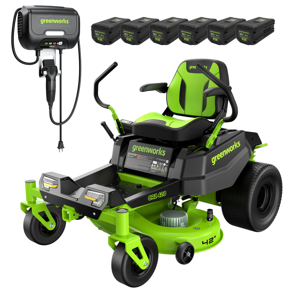 Greenworks CRZ4282 42-inch zero-turn manufacturer rendering with six 6Ah batteries and a 600W charger; page SKU is CRZ4282A2.