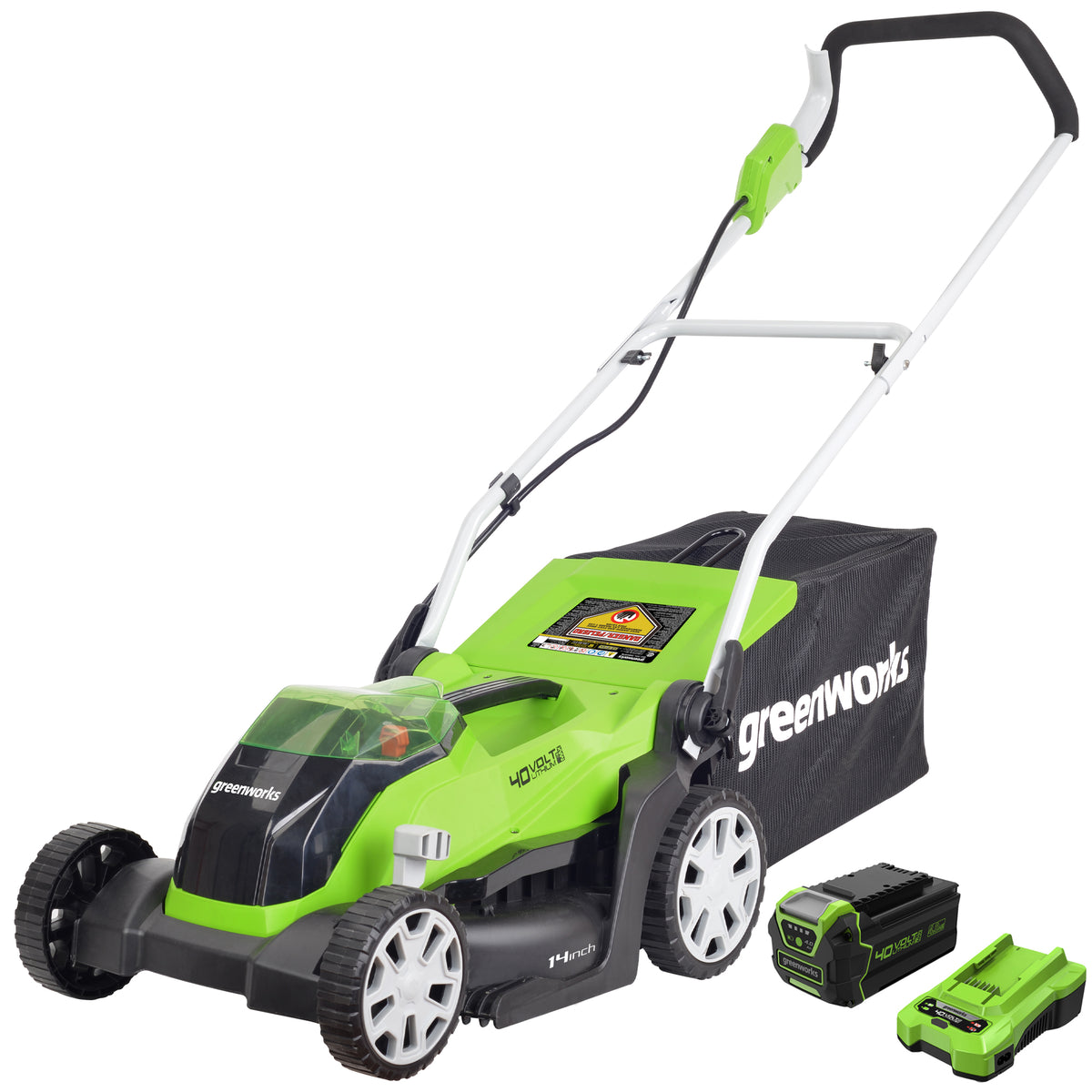 Greenworks LM1404 14-inch push mower manufacturer product rendering; the pictured battery, charger and catcher correspond to the exact page kit.