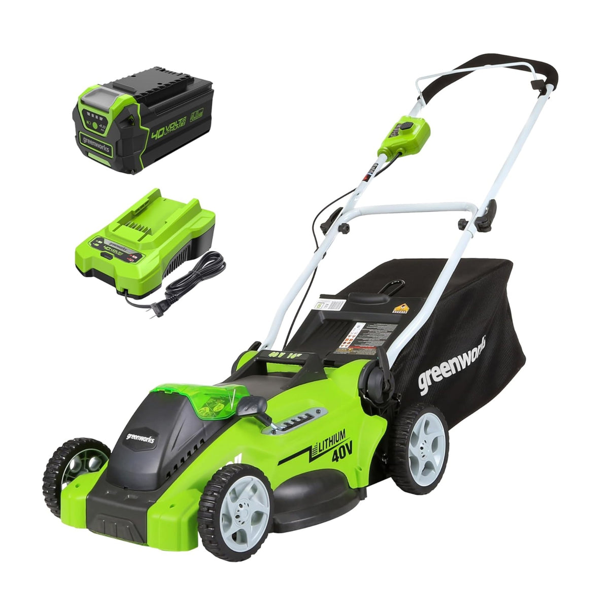 Greenworks LM1604 40V walk-behind mower with one battery, charger and rear collection bag in manufacturer product artwork.