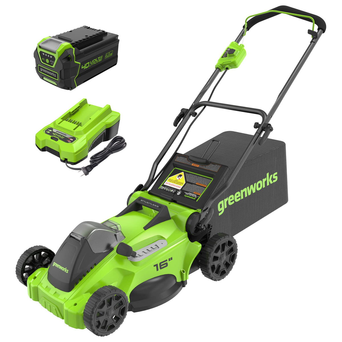 Greenworks LM1624 16-inch push mower manufacturer product rendering; the pictured battery, charger and catcher correspond to the exact page kit.