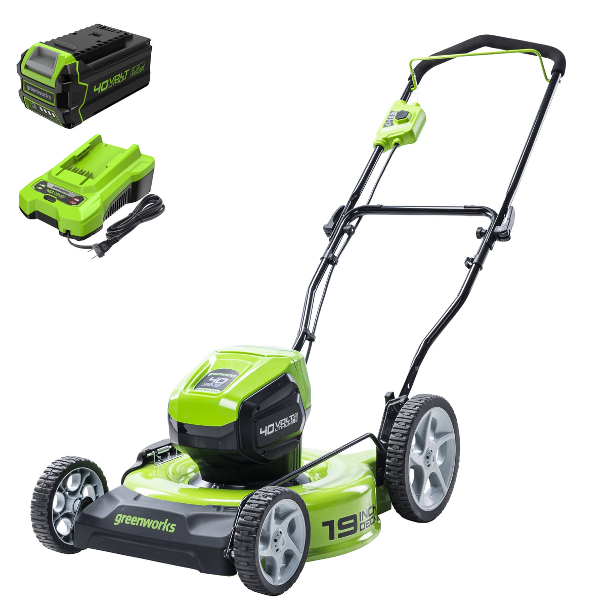 Exact Greenworks product-page rendering shows the green 19-inch push mower with the separately depicted 5.0Ah pack and charger; the picture identifies the package illustration but is not test photography. It does not show a bag.