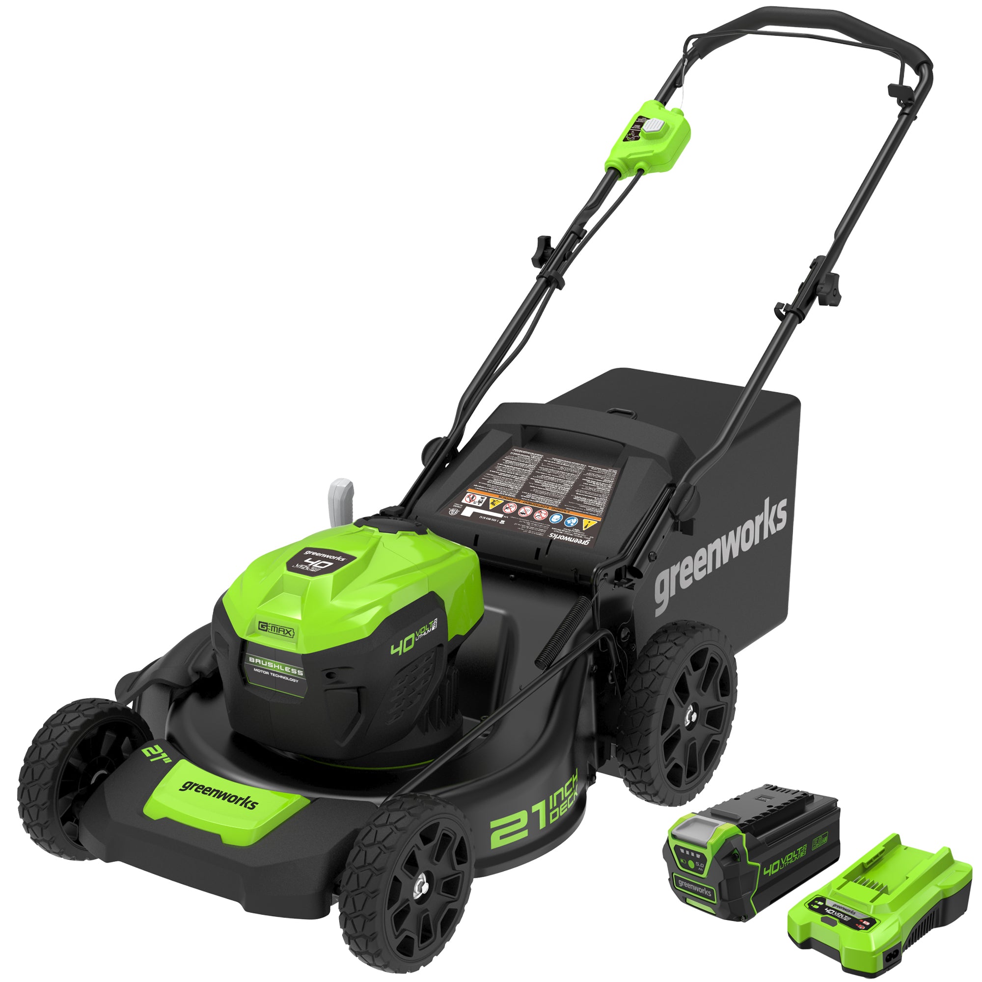 Exact Greenworks product-page rendering shows the 21-inch push mower, rear bag, 5.0Ah battery and charger. It is manufacturer kit artwork, not independent test photography; the manual/product page, not image alone, establishes package contents.