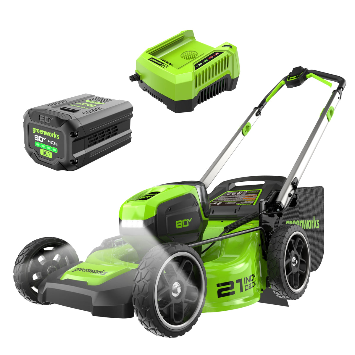 Greenworks LM2108 21-inch 80V push mower kit rendering with one battery, charger and catcher.