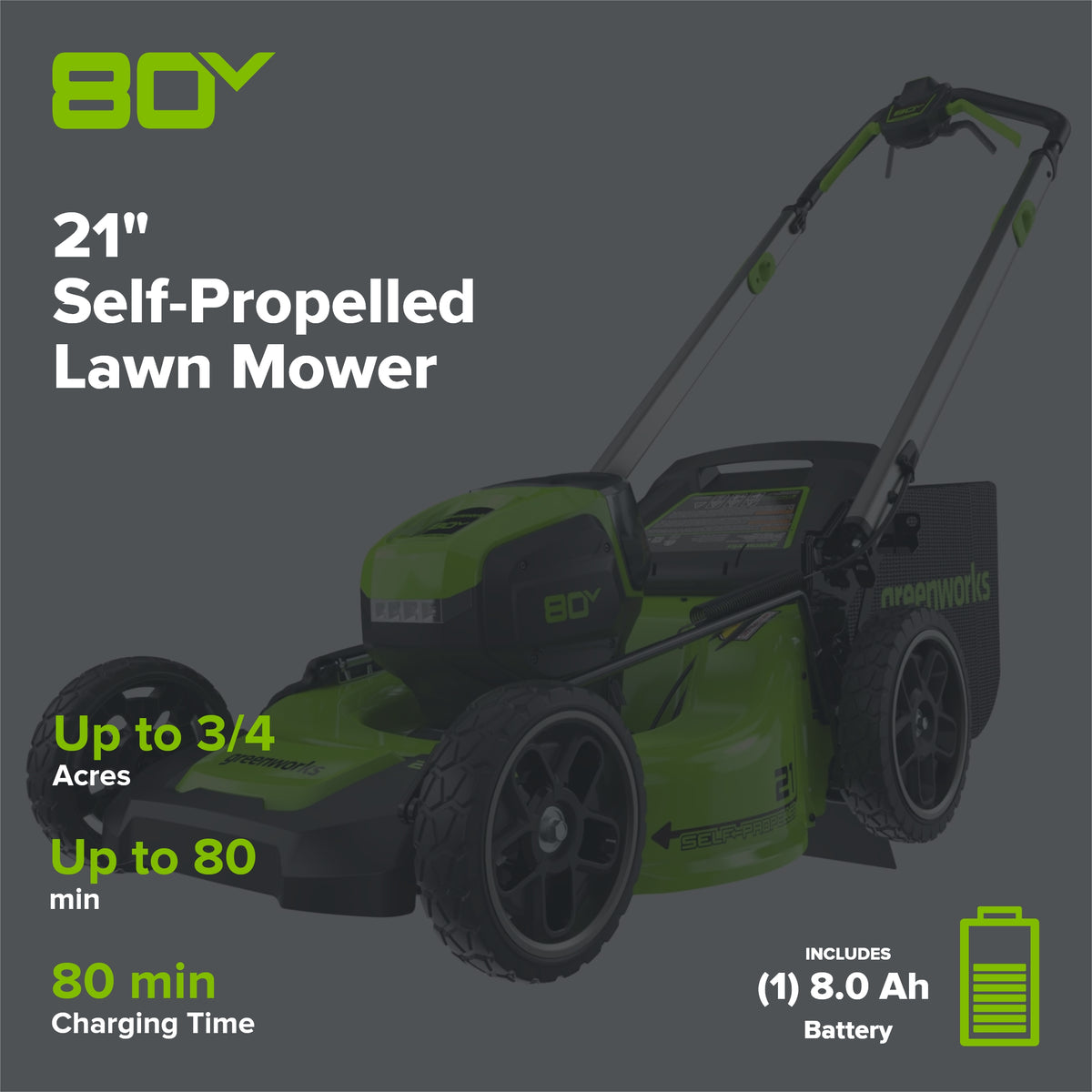 Greenworks 80V 21-inch self-propelled mower, with package render text identifying the one 8Ah SKU2552102 kit; manufacturer artwork, not test photography.