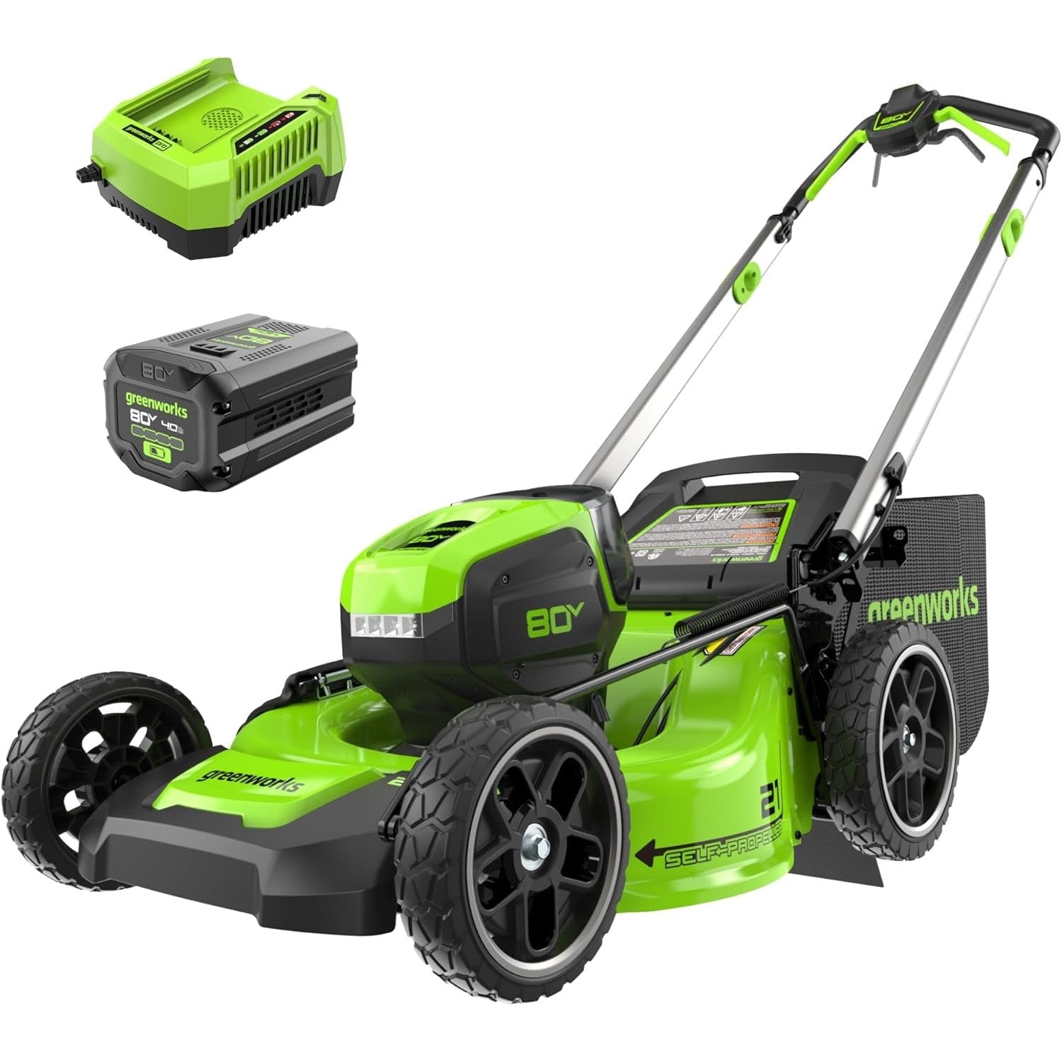 Exact Greenworks 21-inch self-propelled LM2108S body with one 80V 4.0Ah pack and charger on white. Product kit is a manufacturer render, not a field photograph. Verify each item against SKU 2550402 page and manual, not the artwork alone.