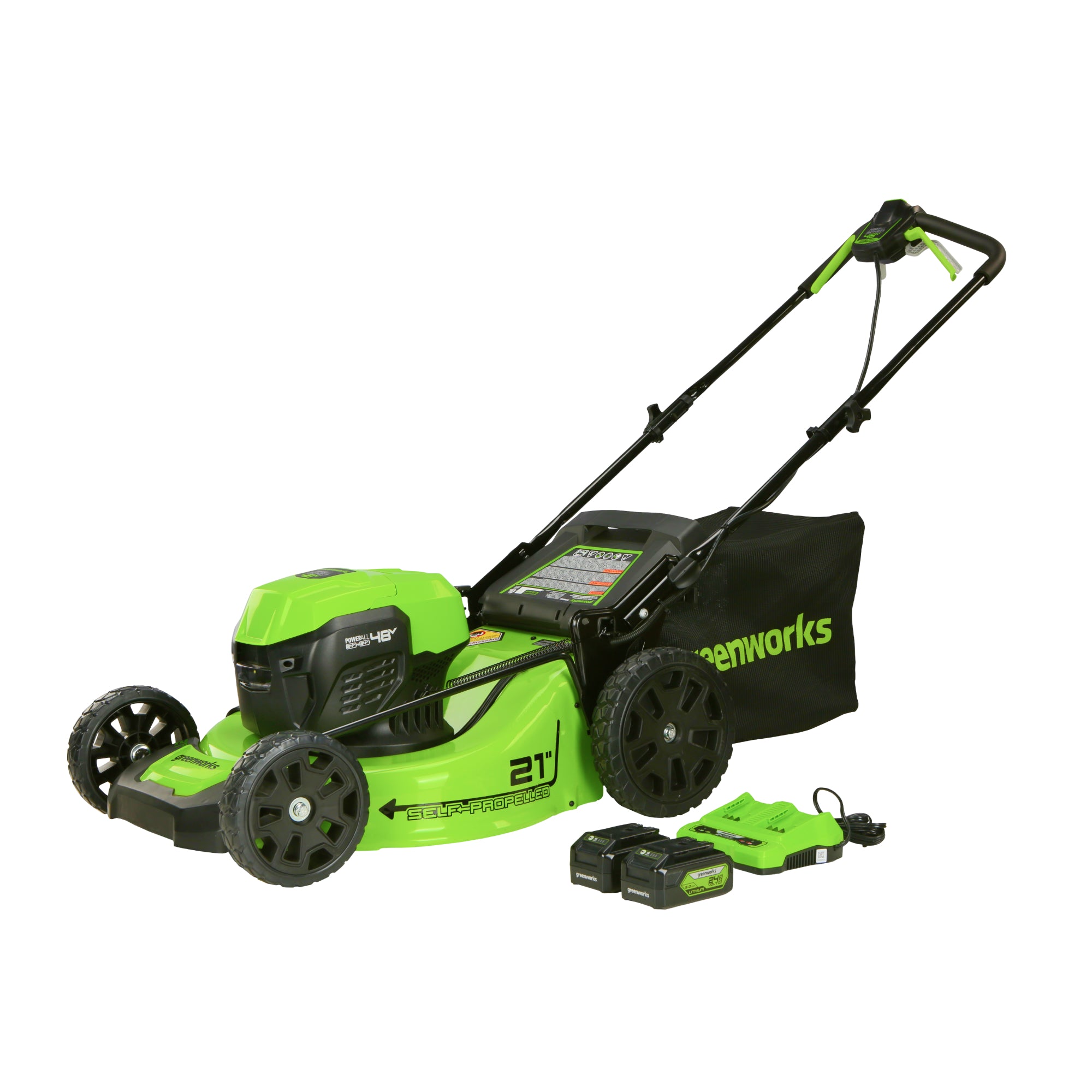 Exact Greenworks 21-inch self-propelled LM2112S mower with catcher, two separate 24V batteries and dual-port charger. Manufacturer product render, not field photography. Kit contents also confirmed in page/manual text.