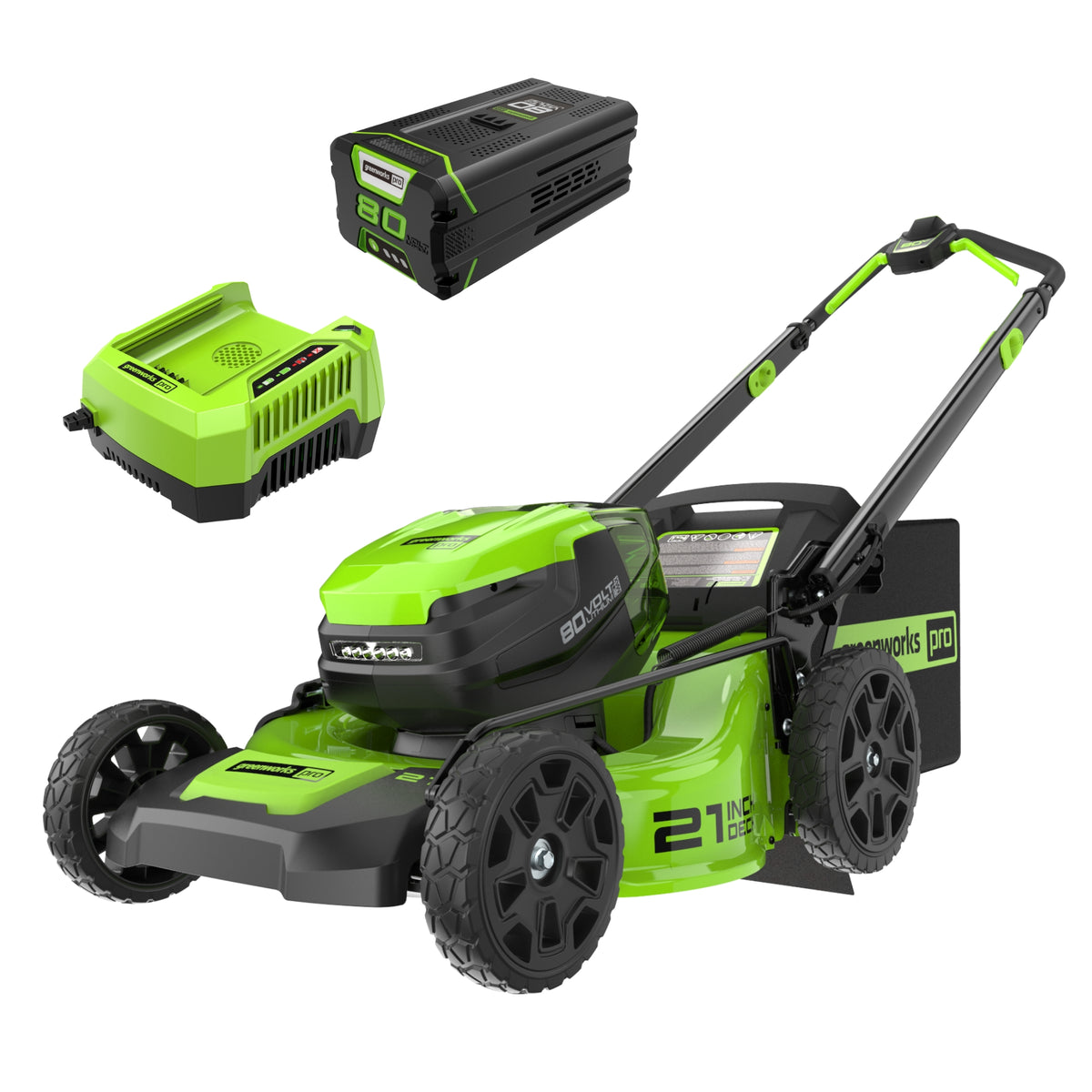 Greenworks LM2118 LMB454 21-inch 80V push mower rendering with one battery and charger.