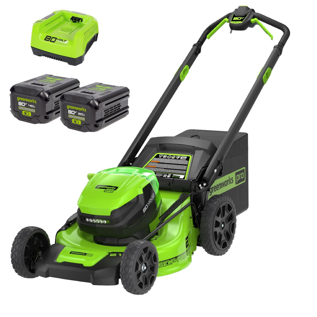 Greenworks LM2118S open-box 21-inch self-propelled mower rendering with separate 4Ah and 2Ah batteries and charger.