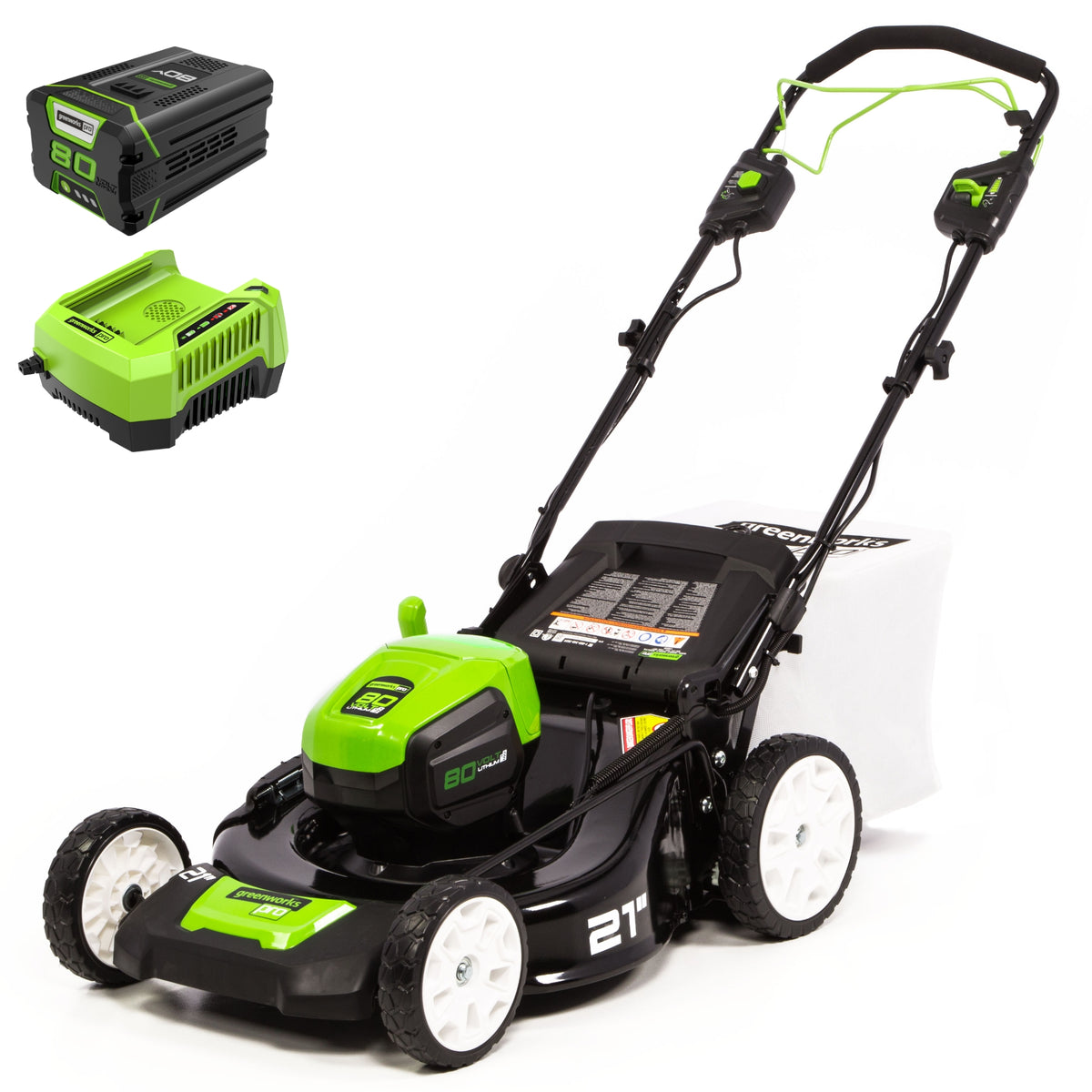 Greenworks LM2138S 21-inch 80V self-propelled mower kit with one battery and charger in a manufacturer rendering.