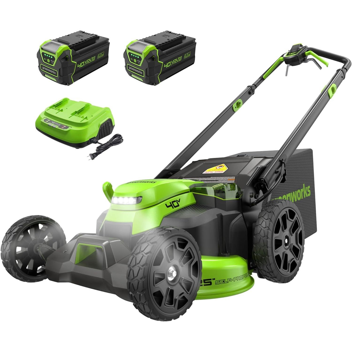 Greenworks LM2504S mower kit with battery packs and charger shown in the manufacturer image.