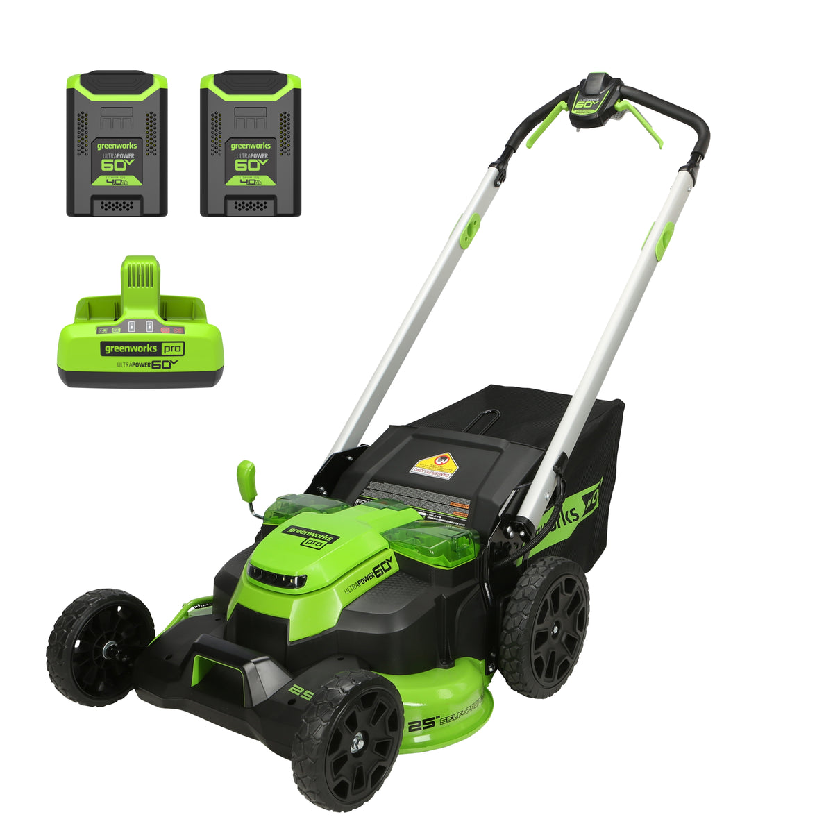 Greenworks LM2516S mower kit with battery packs and charger shown in the manufacturer image.