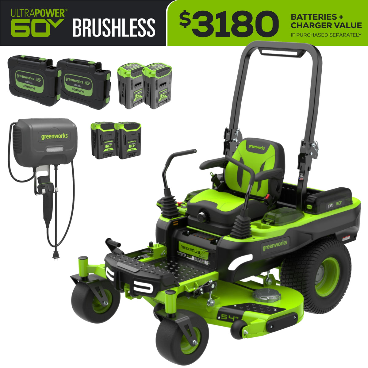 Greenworks MZ546 54-inch zero-turn mower with battery set and charger; exact page SKU 7422302. Manufacturer kit rendering, not test photography.
