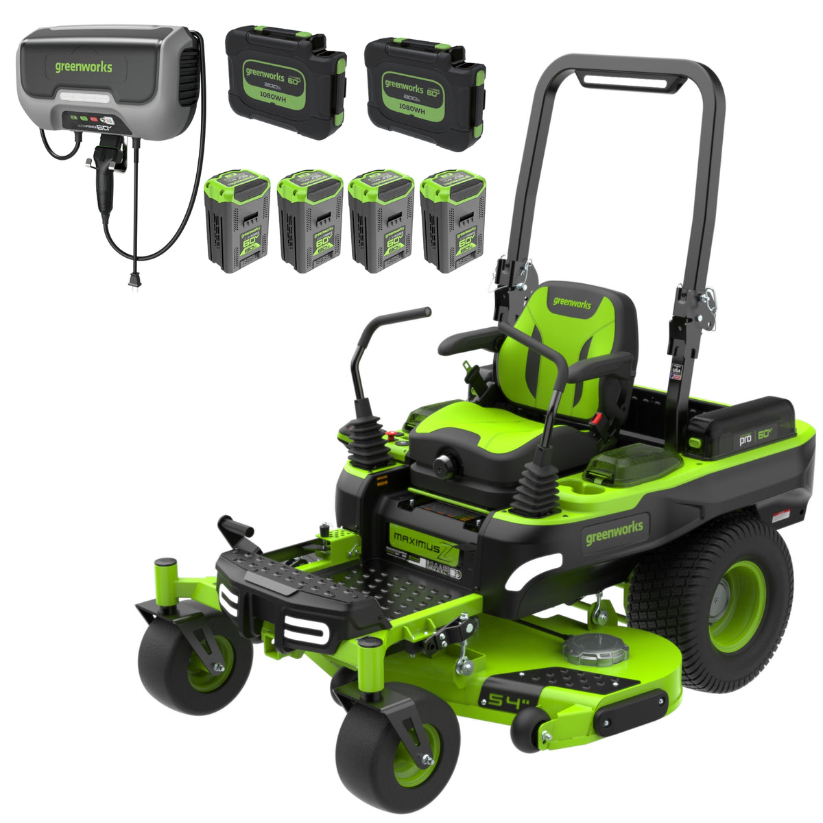 Greenworks MZ546 54-inch zero-turn mower and six-battery/charger kit rendering; exact page SKU 7430202.