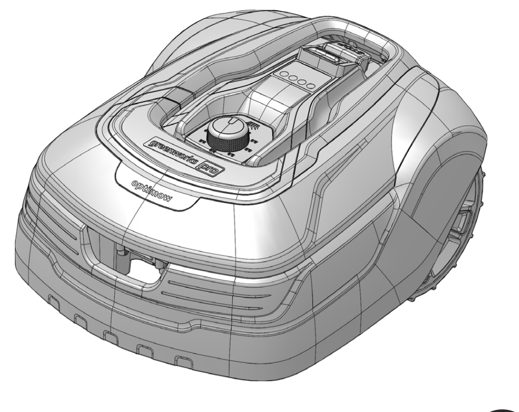 Greenworks line illustration of the Optimow mower family; the shared manual lists SKU 2529802 and three related SKUs, and does not depict the exact kit contents.