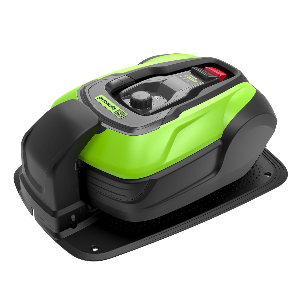 Greenworks Optimow low-cut robotic mower body, manufacturer page-linked promotional rendering; shared identical original image for Optimow 25 and 50, not a package-content photograph.