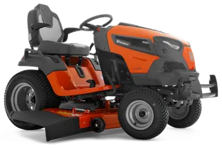 Husqvarna orange TS 348XD steering-wheel tractor shown with a cutting deck in a manufacturer studio rendering; pixels do not identify article number or deck width.