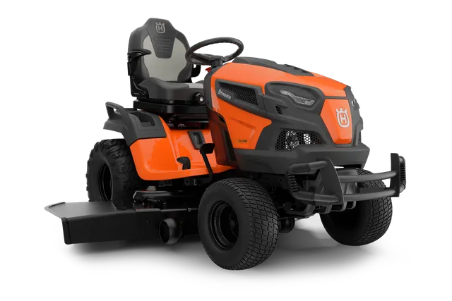 Front view of a Husqvarna ride-on lawn mower with a cutting deck.