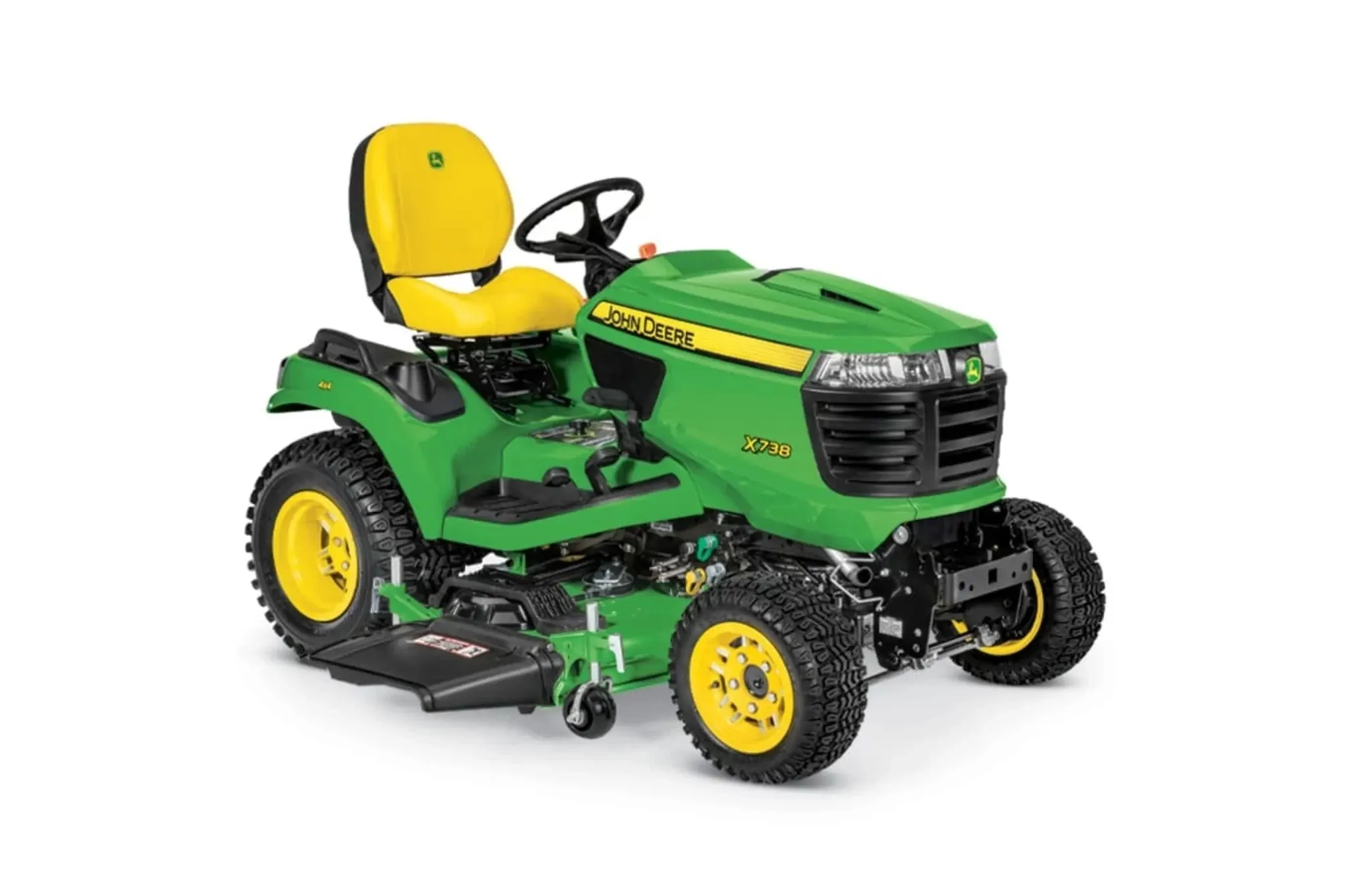 John Deere X738 Signature Series lawn tractor with a displayed mower deck, manufacturer rendering.