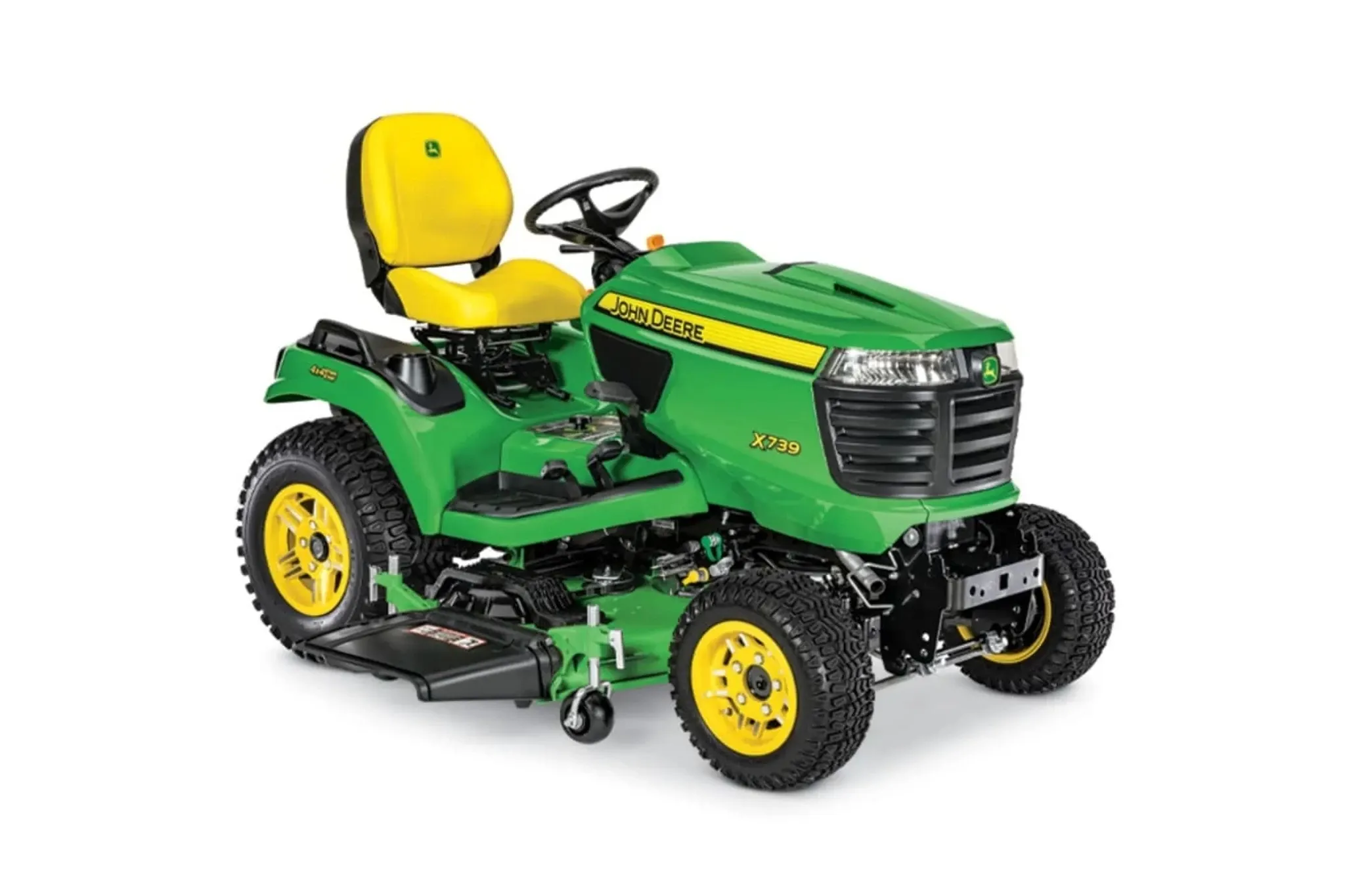 John Deere X739 Signature Series lawn tractor with a displayed mower deck, manufacturer rendering.