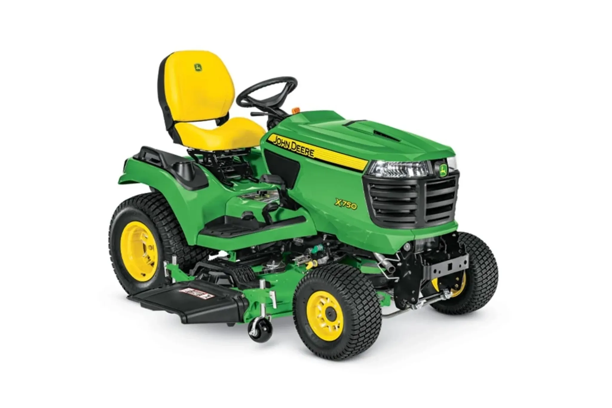John Deere X750 Signature Series lawn tractor with a displayed mower deck, manufacturer rendering. The base item 5854M is listed without a deck.