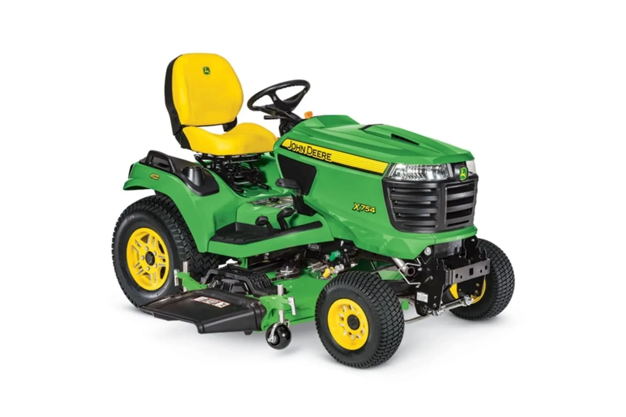 John Deere X754 Signature Series lawn tractor with a displayed mower deck, manufacturer rendering. The base item 5864M is listed without a deck.