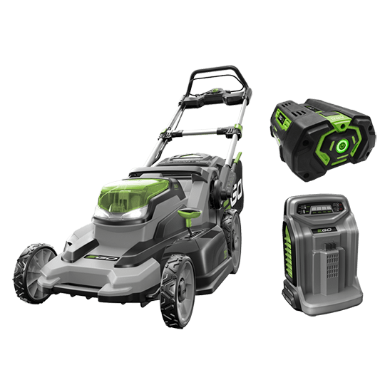 EGO LM2001 20-inch mower kit product rendering with mower, 4.0 Ah battery and Rapid Charger.