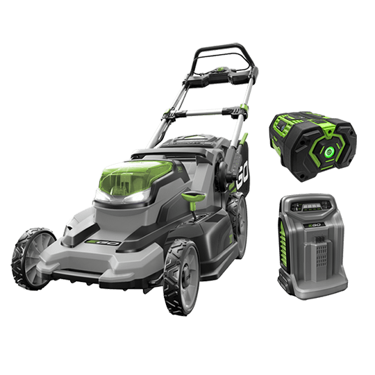 EGO LM2001-X 20-inch mower kit product rendering with mower, 7.5 Ah battery and Rapid Charger.