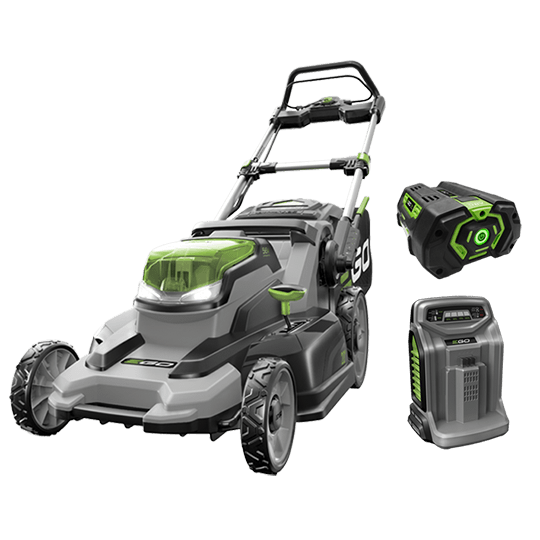 EGO LM2002 20-inch mower kit product rendering with mower, 5.0 Ah battery and Rapid Charger.