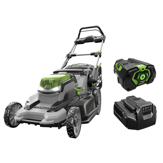 EGO LM2002-P 20-inch mower kit product rendering with mower, 5.0 Ah battery and charger; image does not reliably identify the charger type.