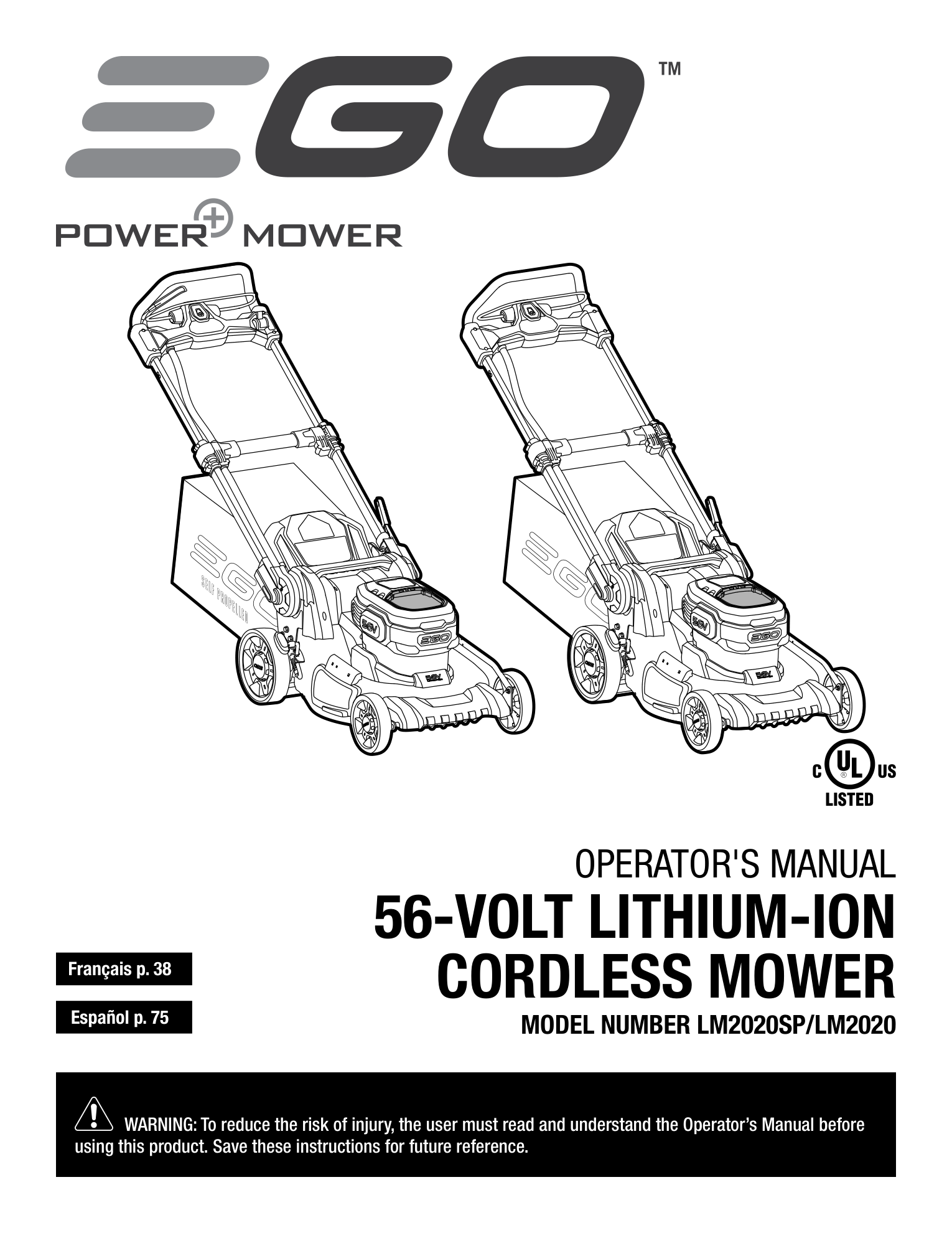 EGO operator-manual cover with LM2020SP/LM2020 family line drawings; not a photo or refurbished package image.