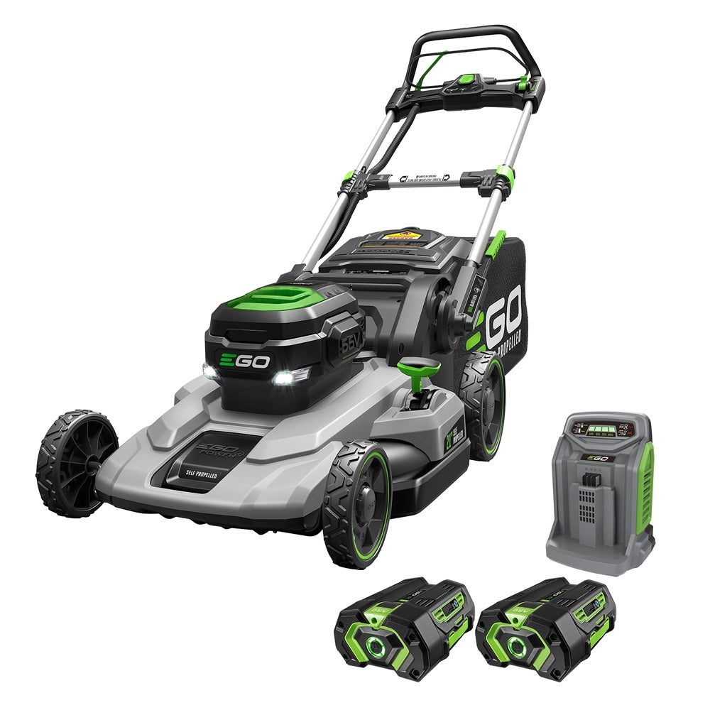 EGO manufacturer kit rendering for LM2102SP-A showing the 21-inch self-propelled mower, two battery packs and a Rapid Charger.