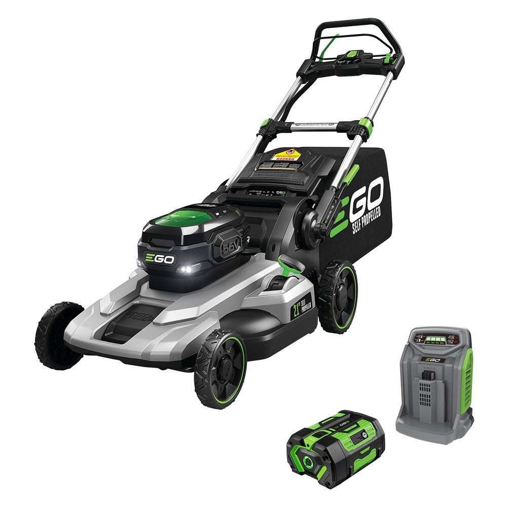EGO LM2102SP self-propelled 21-inch mower kit in a manufacturer kit rendering with one battery and Rapid Charger.