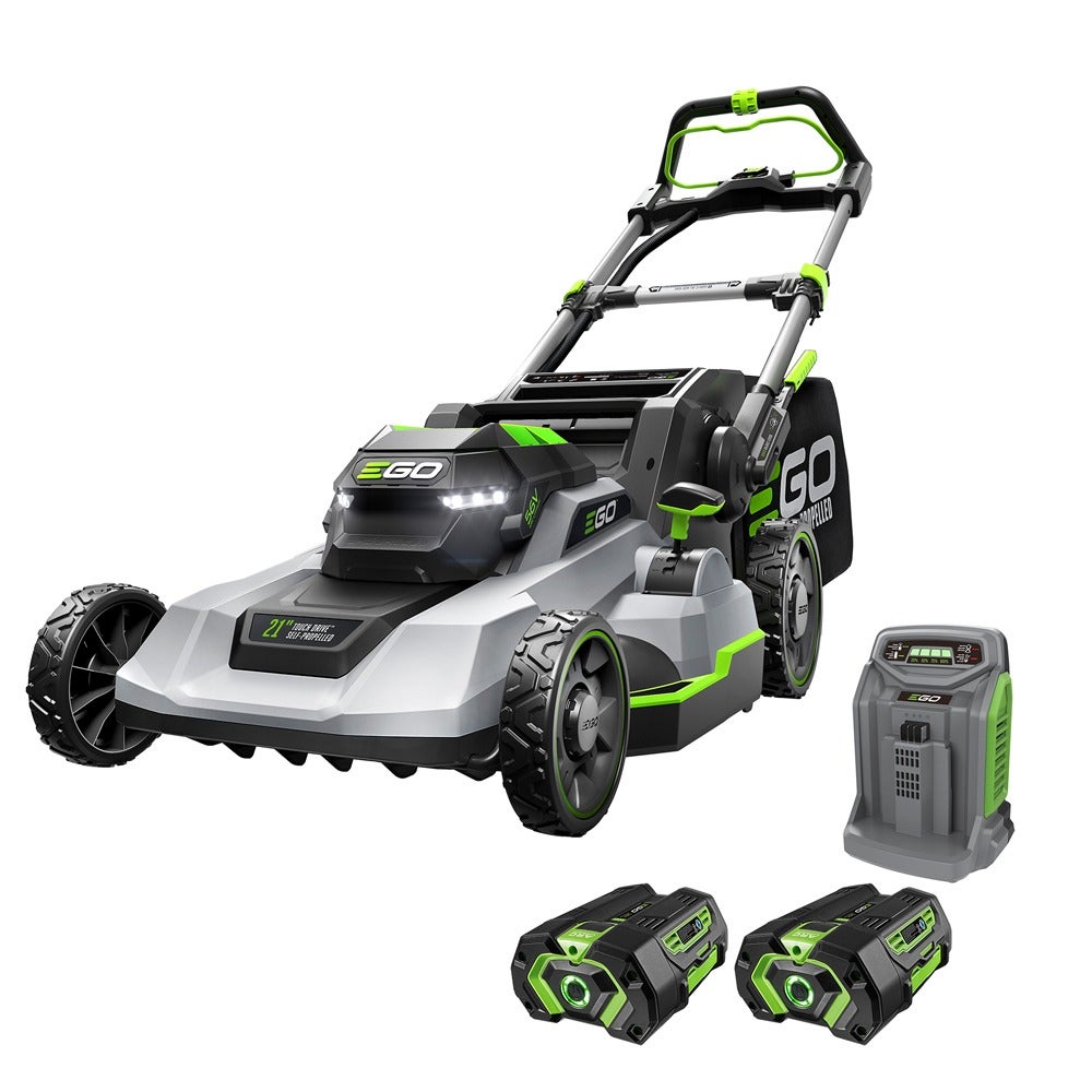 EGO manufacturer kit render showing a mower, charger and two battery packs; image is not a photograph of the refurbished LM2122SP-2-FC unit.