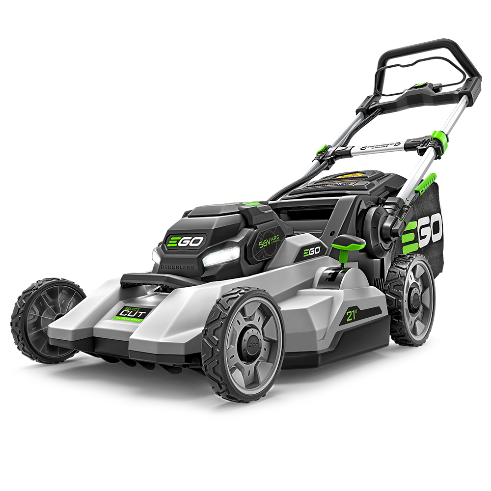 EGO manufacturer rendering of its 21-inch Select Cut push-mower body with rear bag; refurbished condition and LM2135-FC kit carton are not shown.