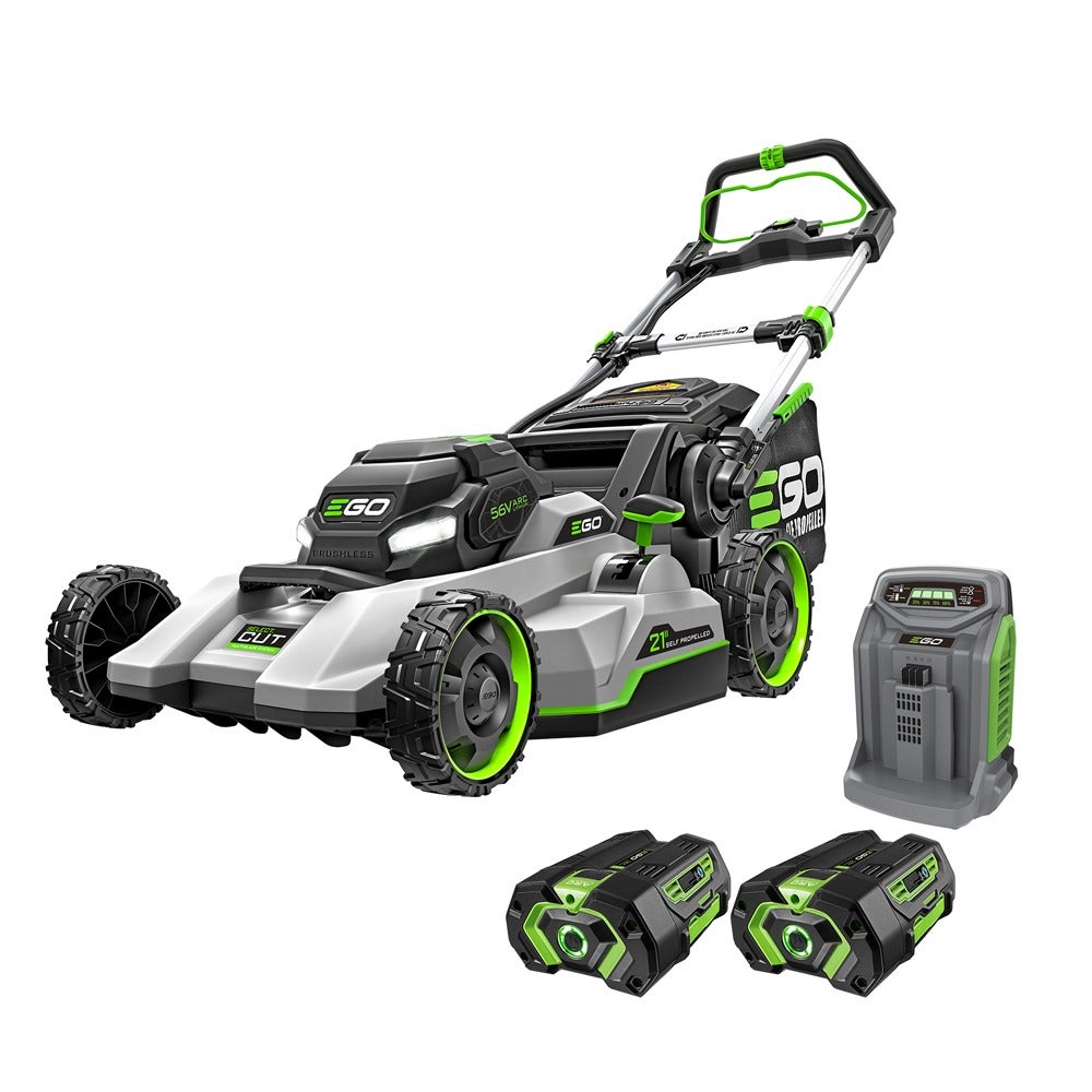 EGO LM2132SP-2 manufacturer kit render showing mower, two 4.0 Ah batteries and Rapid Charger; not independent test photography.