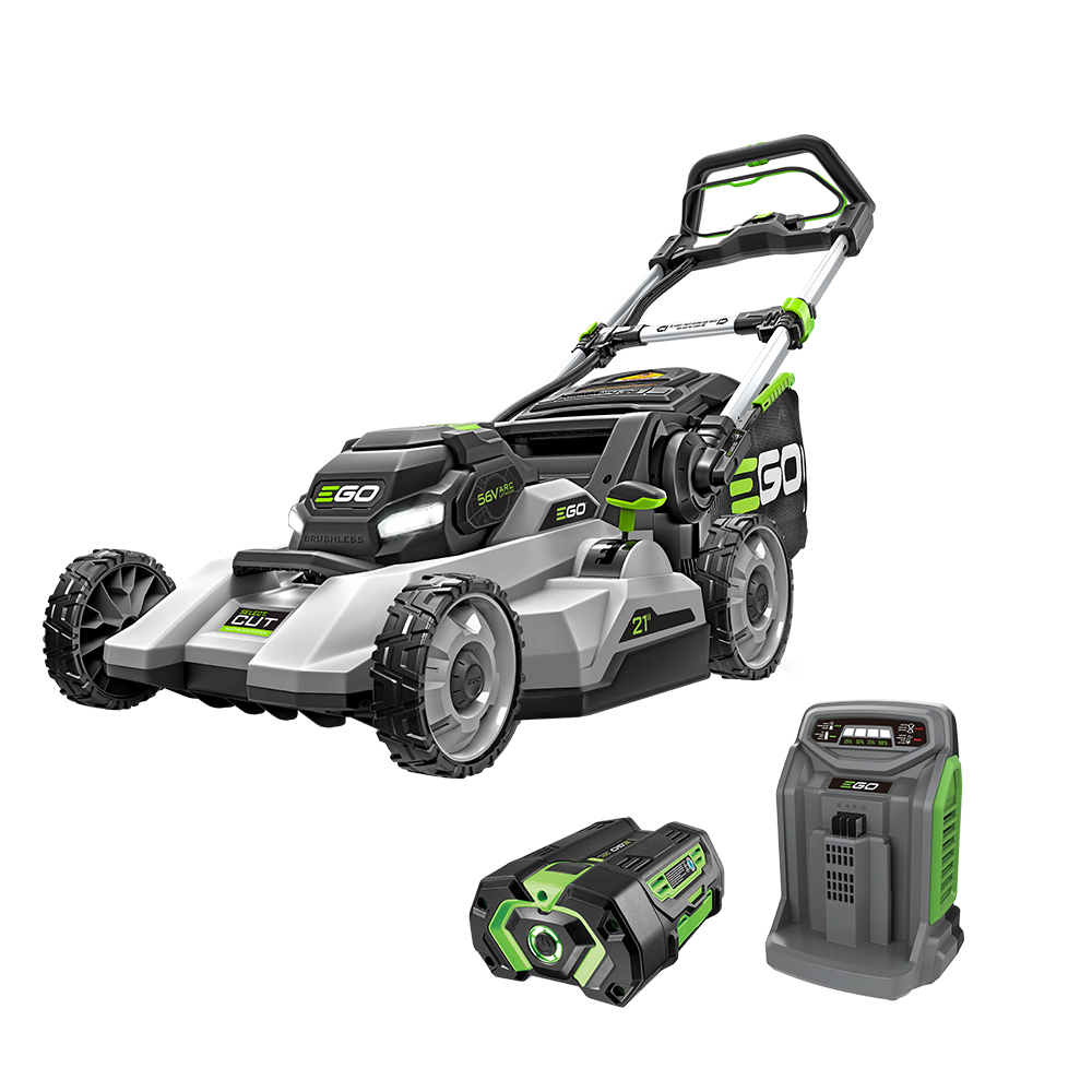 EGO LM2133 manufacturer kit render showing the mower, one 5.0 Ah battery and Rapid Charger.